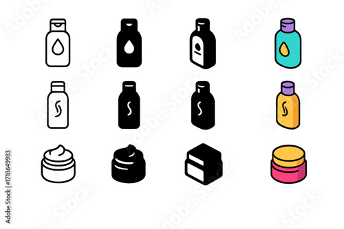 Bright Aftercare Icons. Icon Set of Aftercare Products: Shampoo bottle, Conditioner bottle, Hair mask jar. Icons set in vector style, emblematic variations.