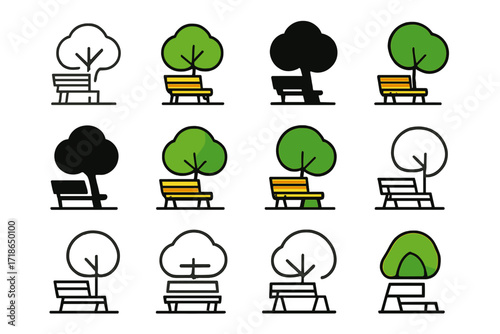 Urban Green Spaces Logos. Set Logo of Urban Green Spaces: City Park Bench under Tree Canopy. Logo set in vector style, emblematic variations. line, bold thick