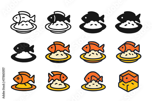 Fish Curry Logos. Set Logo of Fish and Rice: Fish Curry over Rice Platter. Logo set in vector style, emblematic variations. line, bold thick line, solid black
