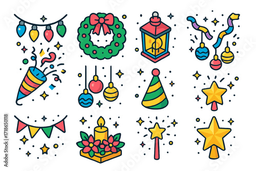 Festive Decoration Icons. Colorful isometric vector icons set of holiday decorations: string lights, wreath, lantern, tinsel,