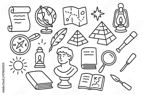 Ancient Explorer Icons. Hand-drawn doodle illustration Ancient world explorers [scroll, globe, map, compass, pyramid, feather pen,