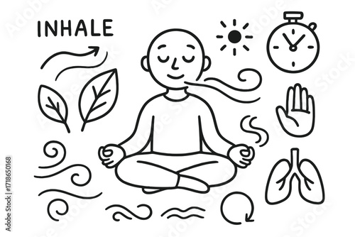 Mindful Breathing Doodle. Hand-drawn doodle illustration mindful breathing practice sitting person, inhale symbol, breath line, leaf icon, stopwatch, focus