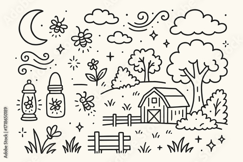 Countryside Fireflies Doodle. Hand-drawn doodle illustration Fireflies in the countryside [firefly, glowing spark, barn, fence,