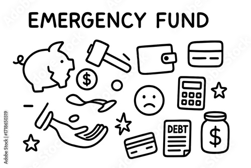 Broken Piggy Bank. Hand-drawn doodle illustration Emergency funds broken [piggy bank, crack, broken piece, hammer, coin, dollar