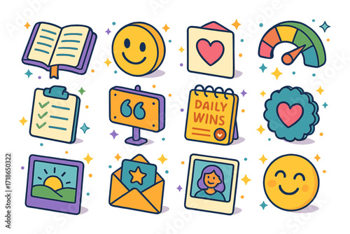 Gratitude Positivity Icons. Colorful isometric vector icons set of gratitude and positivity practice: gratitude journal, smiley