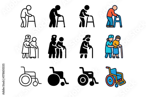 Elderly Care Icon Set. Icon Set of Elder in nursing home daily life: elderly person with walker, nurse assisting, wheelchair.