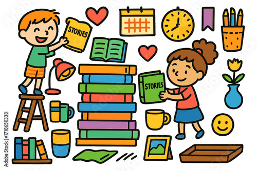 Children Organizing Books. Colorful Hand-drawn doodle Children illustration Organizing a Book Stack book spines, labels, shelf,