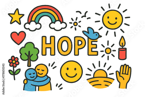 Hopeful Rainbow Doodle. Hope. Colorful Hand-drawn doodle Children illustration Hope rainbow, sunrise, star, heart, tree, flower, hugging people, smiling face,