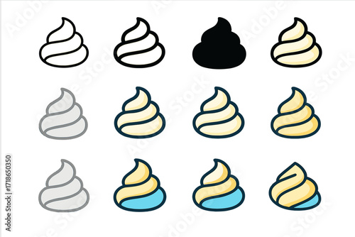Cream Logo Variations. Set Logo of Fatty Cream Topping: Whipped cream swirl. Logo set in vector style, emblematic variations. line, bold thick line, solid
