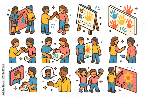 Collaborative Mural Icons. Colorful isometric vector icons set of collaborative mural creation: artist duo, community helpers,