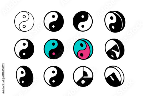Harmony Logo Variations. Set Logo of Harmony: Yin and Yang symbol. Logo set in vector style, emblematic variations. line, bold thick line, solid black filled,