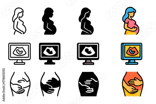Pregnancy Journey Icons. Icon Set of Pregnancy Journey: Pregnant woman silhouette, Ultrasound screen, Baby bump hands. Icons set