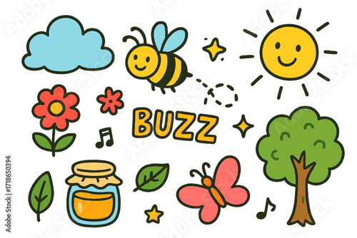 Bee Buzzing Adventure. Colorful Hand-drawn doodle Children illustration Bee Buzz Trail cartoon bee, flower, buzzing trail, cloud,