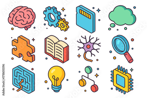 Cognitive Psychology Icons. Cognitive Psychology. Colorful isometric vector icons set of Cognitive Psychology: brain, gears, memory card, thought bubble,