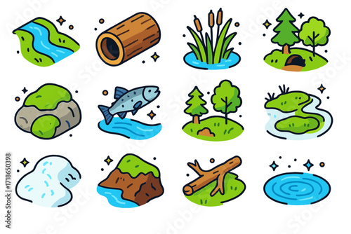Colorful Mink Habitat Icons. Colorful isometric vector icons set of mink habitat: riverbank, hollow log, reeds, burrow entrance,