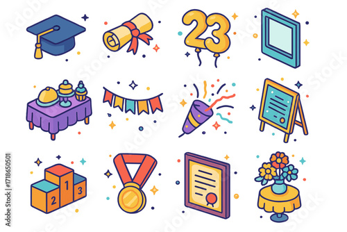 Graduation Party Icons. Colorful isometric vector icons set of Graduation Party Setup: graduation cap, diploma scroll, class year
