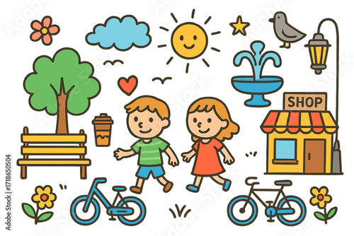 Colorful Urban Scene. Urban stroll. Colorful Hand-drawn doodle Children illustration bench, tree, fountain, flower, lamp post, shop, people, heart, sun, cloud,