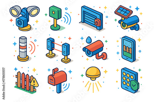 Outdoor Security Icons Set. Colorful isometric vector icons set of Outdoor smart security: floodlight camera, driveway sensor,