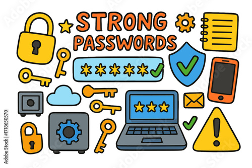 Doodle Cybersecurity Icons. Colorful Hand-drawn doodle Children illustration Strong passwords [lock, key, padlock, password field,