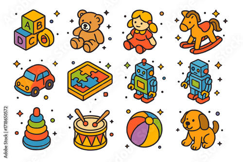 Playroom Toy Icons. Playroom toys. Colorful isometric vector icons set of playroom toys: toy blocks, stuffed bear, doll, rocking horse, toy car, puzzle board,