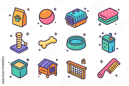 Colorful Pet Supplies Icons. Pet Supplies. Colorful isometric vector icons set of Pet Supplies: food bag, toy ball, pet carrier, blanket, scratching post, chew