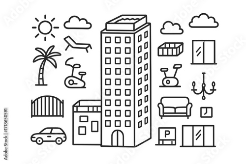 Luxury Tower Doodle. Hand-drawn doodle illustration luxury residential tower tall building, rooftop pool, balcony, sun lounger, palm tree, gym equipment,