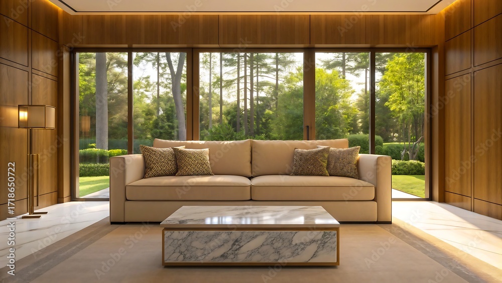 Fototapeta premium Modern luxury living room interior with beige sofa, marble coffee table, wooden wall panels and large glass windows overlooking green garden 