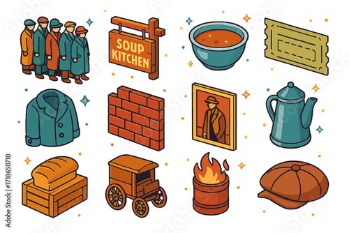 Vintage Breadline Icons. Colorful isometric vector icons set of vintage bread lines: 1930s bread queue, wooden soup kitchen sign,