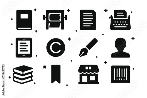Publishing Icons Set. Publishing. Solid icons set of publishing: book cover, printer press, manuscript, typewriter, e-book, copyright symbol, editing pen,