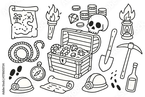 Treasure Hunt Doodle. Treasure hunt. Hand-drawn doodle illustration treasure hunt chest, coins, jewels, skull, torch, rope, map, shovel, pickaxe, compass,