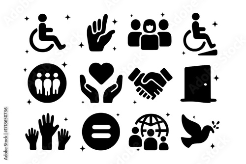 Inclusive Icons Grid. Inclusion. Solid icons set of wheelchair symbol, sign language hand, diverse people, accessible ramp, inclusive circle, support heart,