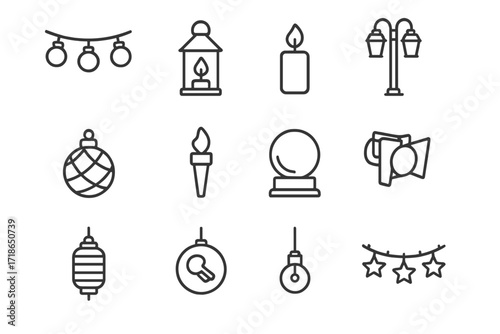 Evening Fair Lights Icons. Evening fair lights. Line icon set of evening fair lights: string lights, lantern, candle, lamp post, fairy light globe, torch,