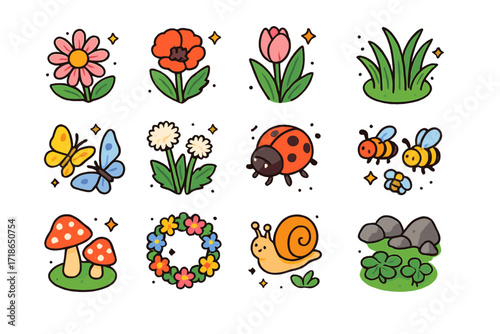 Blooming Meadow Icons. Colorful isometric vector icons set of blooming meadow: wildflowers, grass patches, butterflies, dandelions
