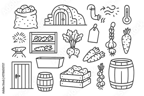 Root Cellar Doodle. Hand-drawn doodle illustration tuber storage root cellar, sack of potatoes, wooden shelf, label tag, straw,