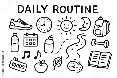 Daily Routine Icons. Daily routine. Hand-drawn doodle illustration daily routine sneakers, calendar, clock, sun, moon, water bottle, backpack, path, leaf, step
