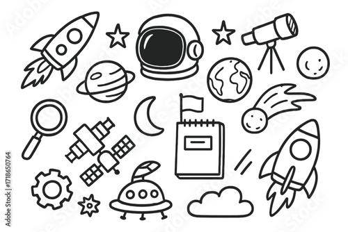 Space Exploration Doodles. Hand-drawn doodle illustration Space explorers [rocket, astronaut helmet, telescope, star, planet, moon, satellite, globe, notebook,
