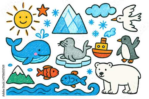 Frozen Ocean Doodle. Colorful Hand-drawn doodle Children illustration Frozen Ocean [ice floe, iceberg, whale, seal, fish, star,