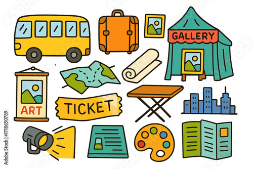 Traveling Art Exhibition. Traveling Exhibition. Colorful Hand-drawn doodle Children illustration bus, suitcase, art frame, rolled canvas, map, folding table,
