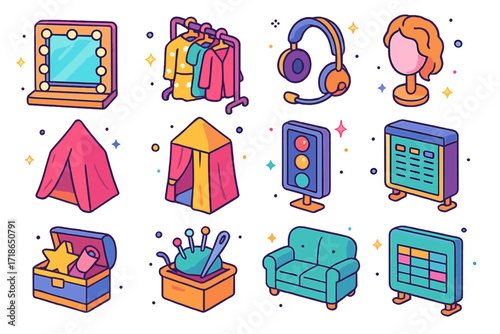 Backstage Theater Icons. Colorful isometric vector icons set of backstage theater elements: dressing room mirror, makeup kit,