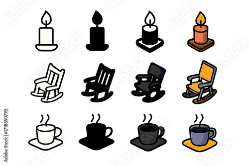 Evening Comfort Icons. Icon Set of Evening Cider: Candle, Rocking chair, Cup on tray. Icons set in vector style, emblematic
