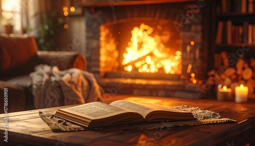 Cozy living room with fireplace and book