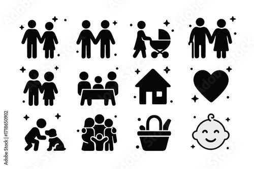 Family Icons Collection. Family happiness. Solid icons set of family happiness: parents with child, holding hands, baby stroller, grandparents, siblings,