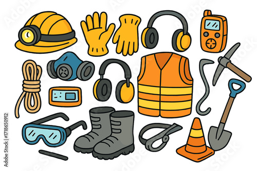 Colorful Mining Gear Icons. Mining PPE. Colorful Hand-drawn doodle Children illustration helmet with lamp, gloves, respirator, steel boots, ear protection,