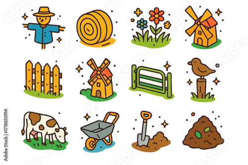Colorful Farm Icons. Colorful isometric vector icons set of farm meadow edge: scarecrow, hay bale, wildflowers, wooden fence,