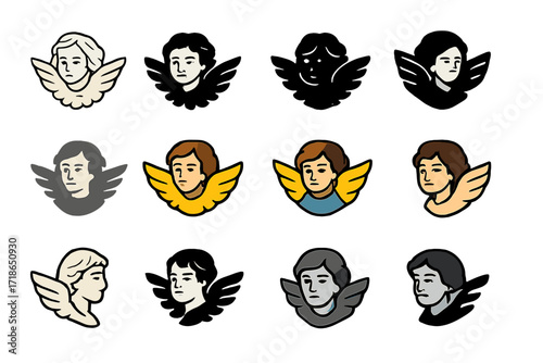 Cherub Icons Collection. Set Logo of religious myths and their cultural importance: guardian cherub. Logo set in vector style, emblematic variations. line,