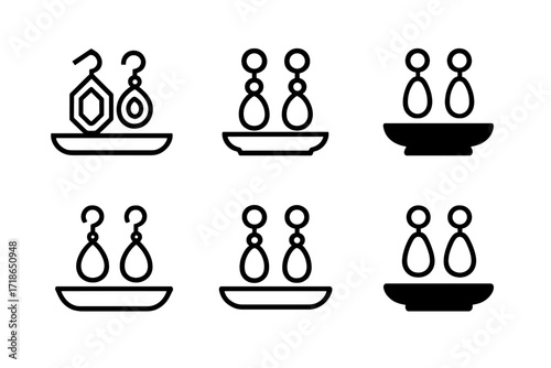 Geometric Jewelry Logos. jewelry tray. Set Logo of jewelry tray: earrings on flat tray. harmonious logo variations of the same emblematic concept, each with