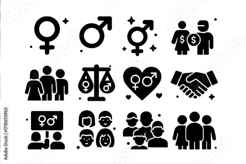 Gender Equality Icons. Gender Equality. Solid icons set of female symbol, male symbol, gender-neutral symbol, equal pay, diverse