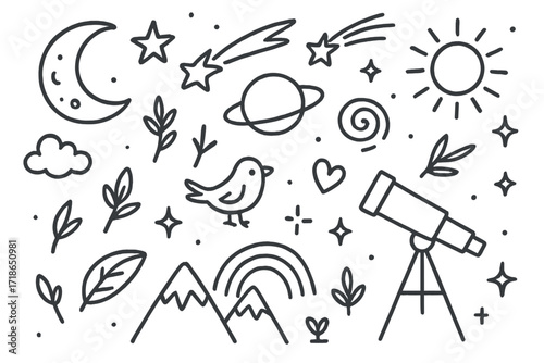 Celestial Dreamscape Doodles. Hand-drawn doodle illustration Celestial dream landscape [moon, star, planet, shooting star, comet,