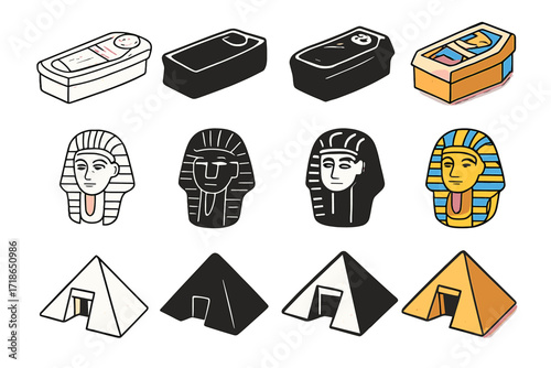 Royal Tomb Icons. Icon Set of Royal tombs: stone sarcophagus, burial mask, pyramid entrance. Icons set in vector style, emblematic variations. Stone