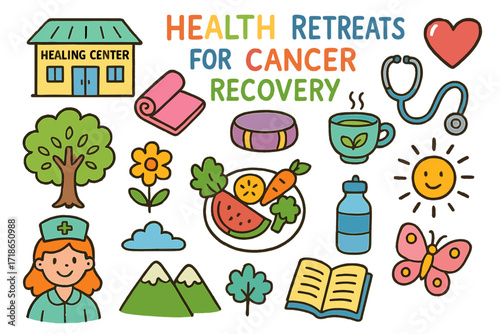 Colorful Health Retreat Doodle. Colorful Hand-drawn doodle Children illustration Health retreats for cancer recovery [healing
